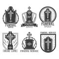 Vector set funeral service logos. Badges, emblems, icons of gravestones in vintage style. Isolated monochrome