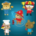 Vector set of funny bear cartoon with different profession costume