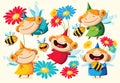 Vector set of funny cartoon colorful fairies, flowers and funny bee Royalty Free Stock Photo