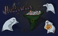 Vector set of funny halloween ghosts with lettering and cobweb with children run away from fear and get candy as a reward Royalty Free Stock Photo