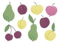 Vector set of funny hand drawn flat garden fruits and berries. Colored apple, pear, plum, peach, cherry isolated on white