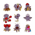 Vector set of funny purple octopuses in different actions. Humanized sea creatures with tentacles. Cartoon characters Royalty Free Stock Photo