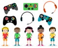 Vector Set of Gamer Themed Controllers and Headphones and Gamer Kids Royalty Free Stock Photo