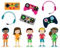 Vector Set of Gamer Themed Controllers and Headphones and Gamer Kids Royalty Free Stock Photo