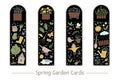 Vector set of garden bookmarks for children. Cute gardening tools, flowers, plants on black background. Spring vertical layout