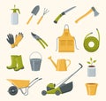 Vector set of garden tools. Gardening equipment and clothing Royalty Free Stock Photo