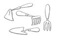 Vector set of garden tools: hoes, scoop. Hand drawn outline doodle style illustration, isolated. Element of gardening. Tools for Royalty Free Stock Photo