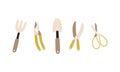 Vector set of garden tools. Shears, pruners, spade, pitchfork, garden shears. Garden tools isolated on a white