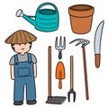 Vector set of gardener and gardening equipment