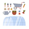 Vector set of gardening farm equipment, illustrations of vegetables, seeds, wheelbarrow, tools for work in greenhouse