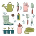 Vector set of gardening tools in hand drawn style isolated on a white background. Garden work. Royalty Free Stock Photo