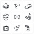 Vector Set of Gentleman Icons. Bowler, Cane, Shoes, Ethnicity, Butterfly, Cigar, Purse, Razor, Perfume.