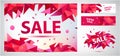 Vector set of geometric anstract sale banners, discount facet triangular red backgrounds, horizontal orientation