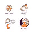 Vector set of 4 geometric logos for beauty salon. Emblems with female silhouettes and abstract pattern. Linear labels