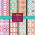 Vector set of geometric ornamental patterns with bright spring colors. Seamless texture collection. Ethnic ornament Royalty Free Stock Photo