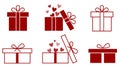 Vector set of gift boxes decorated with bows and hearts. Isolated icons. Flat design Royalty Free Stock Photo