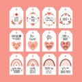 Vector set of gift tags for Valentine`s Day. Boho rainbows, floral hearts, flower wreaths. Collection of present labels with cute Royalty Free Stock Photo