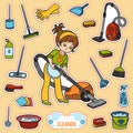 Vector set with girl and objects for cleaning. Colorful items