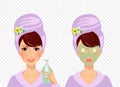 Vector set of girl puts cream on face, lady with mask and cucumber on eyes Royalty Free Stock Photo