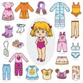 Vector set of girls clothes, color collection of cartoon accessories and clothing