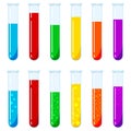 Vector set of glass test tubes with multi-colored liquid reagents with and without bubbles isolated on white background.