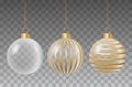 Vector set of glass transparent christmas decorative baubles with golden ribbon stripes hanging on string Royalty Free Stock Photo