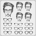 Vector set of glasses silhouette and beautiful womens in glasses.