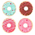 Vector set of glazed, chocolate and sprinkles donuts. Top view.