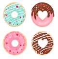 Vector set of glazed, chocolate and sprinkles donuts. Top view. Valentine Donuts.