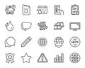 Vector set of Globe, Warning and Canister oil line icons set. Vector