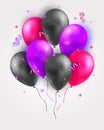 Vector set of glossy air 3d flying balloons, ribbons and confetti. Party decoration for birthday, anniversary, celebration