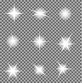 Vector set of glowing light bursts with sparkles on transparent background. Gradient stars, lightni Royalty Free Stock Photo