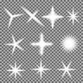 Vector set of glowing light bursts with sparkles on transparent background. Gradient stars, lightni Royalty Free Stock Photo
