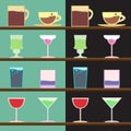 Vector set of goblets, cups, glass with drink on bar regiment