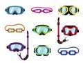 Vector set of goggles, dive or scuba mask with snorkel for underwater swimming, diving.