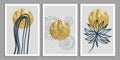 Vector set of gold botanical and abstract wall art. Boho decor in earth tone. Mid century modern art for cover, print