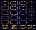 Vector set of gold decorative borders, frames, dividers, on a dark background