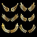 Vector set of golden design floral laurels isolated on black background.