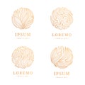 Vector set of golden leaves luxury linear plant logos. Circle organic emblems. Abstract badges for cofee, cosmetics Royalty Free Stock Photo