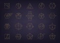 Vector set of golden luxury art deco logos, gold geometric abstract icons. Linear modern style. Circle, triangle