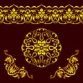 Vector set of golden patterns in ethnic national style of Uzbekistan, Central Asia. Tape seamless floral, round and angular Royalty Free Stock Photo