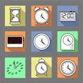 Vector. Set of graphic clocks icons. Sun clock, digital clock, table clock, alarm clock, sand clock. Isolated illustration.