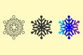 Vector set of 3 graphic snowflakes, outline view, black, gradient blue colors. Decorative isolated elements on light