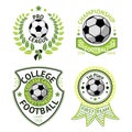 Vector set of green vintage Football labels. With laurel wreath, ball, shield and ribbons.