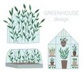 Vector set of greenhouses with plants in pots and flowers. Flat hot house illustration isolated on white background. Front and