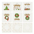 Vector set greeting cards with gold lettering Christmas and new year seamless patterns. Holiday symbols and wreath Royalty Free Stock Photo