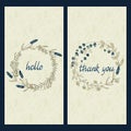 Vector set with greeting cards with hand drawn words hello and thank you in a circle flower frame