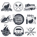 Vector set of grill and bbq labels in vintage style. Royalty Free Stock Photo