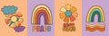 Vector set with groovy colorful retro elements, retro rainbows and flowers clipart Royalty Free Stock Photo