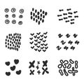 Vector set of grungy hand drawn textures. Lines, circles, crosses, smears, spirals, waves, brush strokes, triangles. Hand drawn